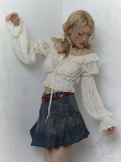 Fairy Three-dimensional Lace Puff Sleeve Short Top &amp; Long Sleeve