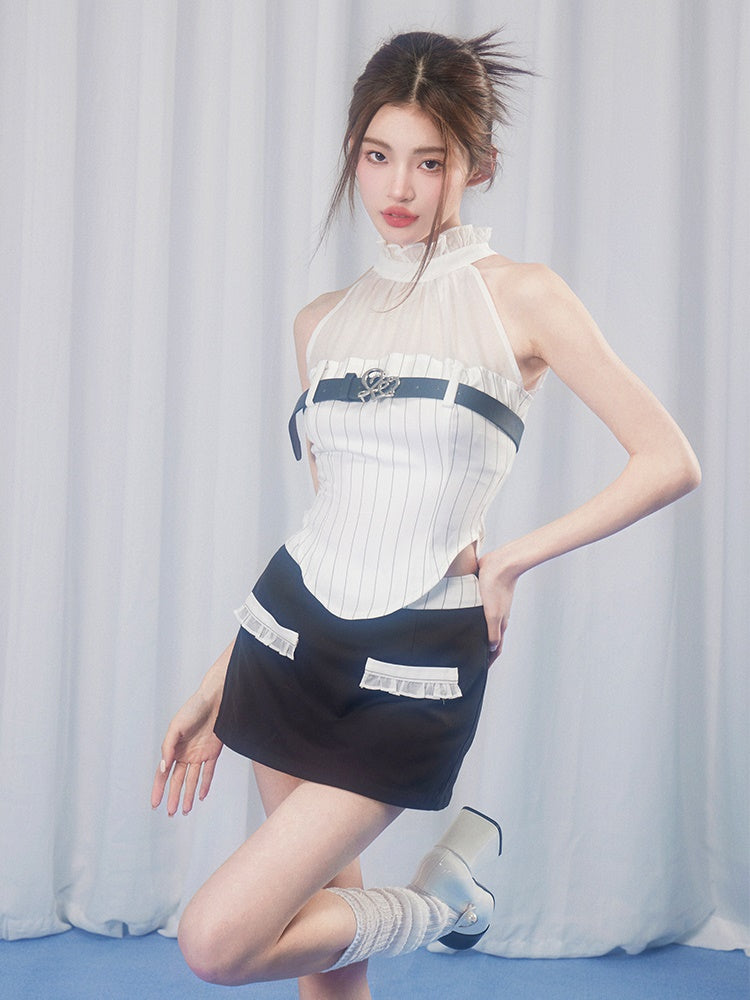 Striped Stitching Sheer Top ＆ Micro Mini Skirt