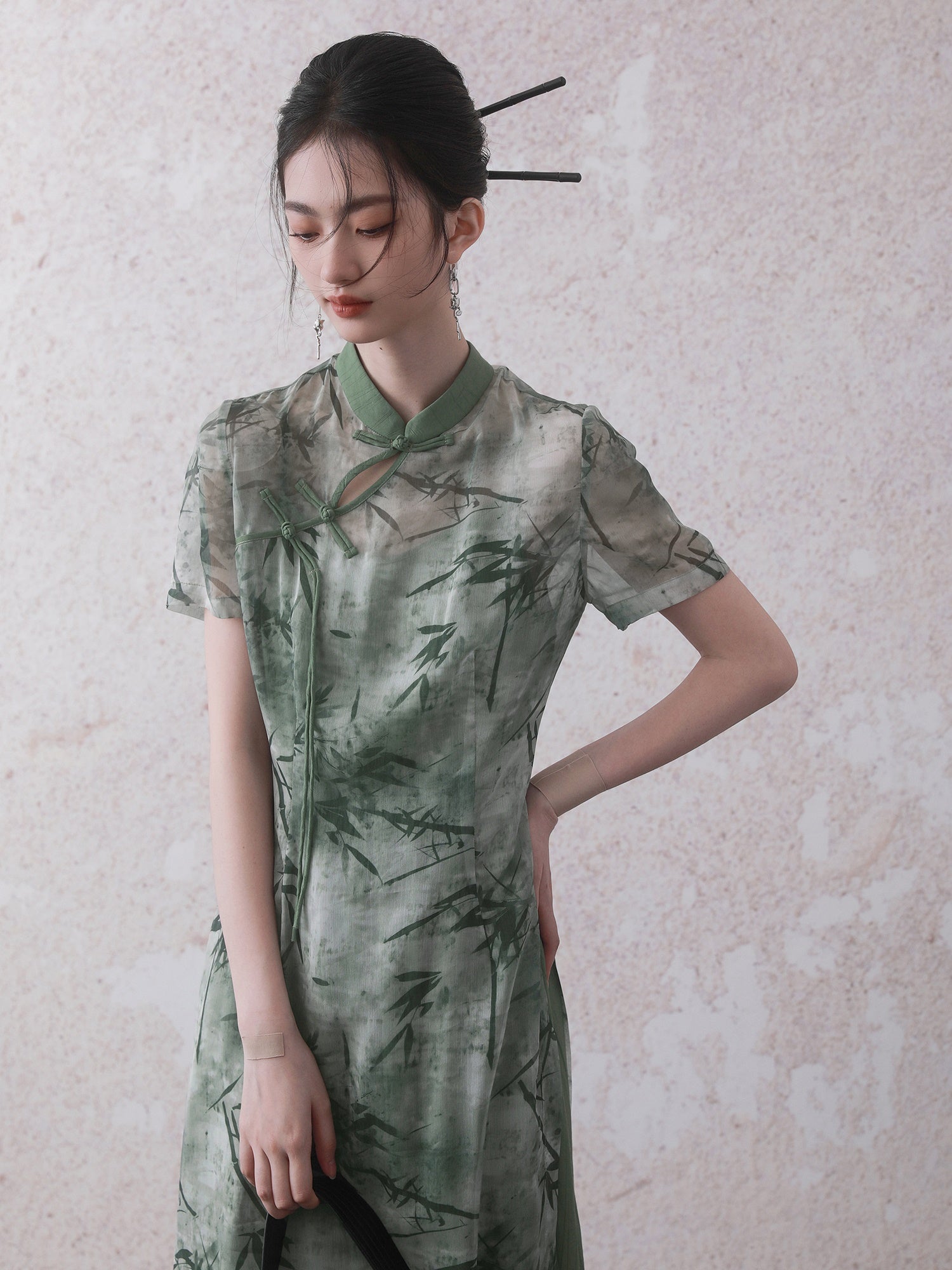 Chinese Style Bamboo Leaf Print Long Shirt ＆ Camisole One-piece Set-up