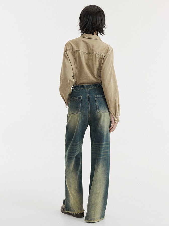 Retro Distressed Wide-leg Jeans