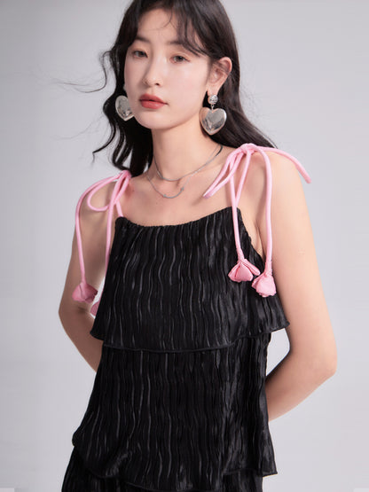 Three-dimensional Tulip Lace Multi-layer Pleated Suspenders Top