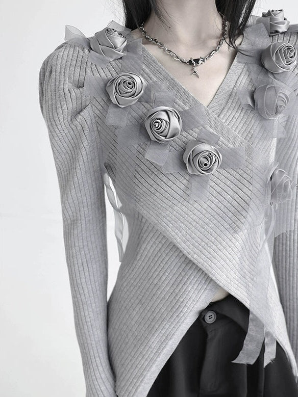 Cross V-neck Rose Splicing Sweater