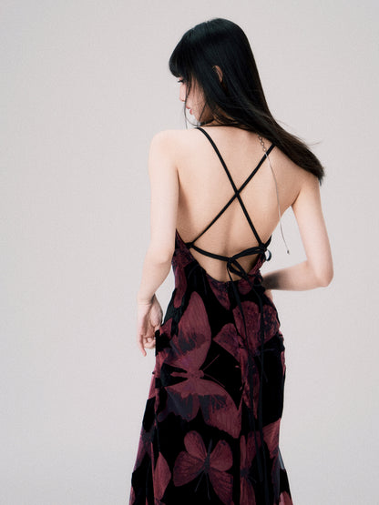 Velvet Butterfly Swing Collar Backless Strap Dress