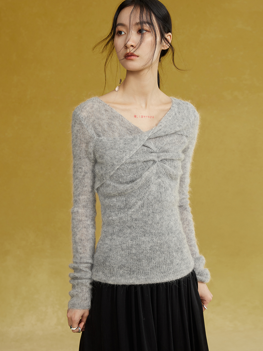 Double-layer Twisted V-Neck Knitted Sweater