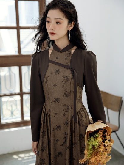 Chinese Style Maillard Color-blocking Dress