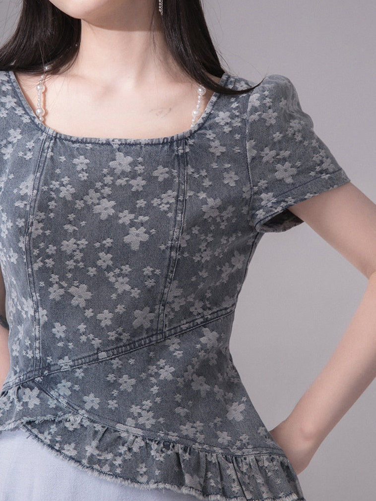 Midsummer Denim Jacquard Short-sleeved Top