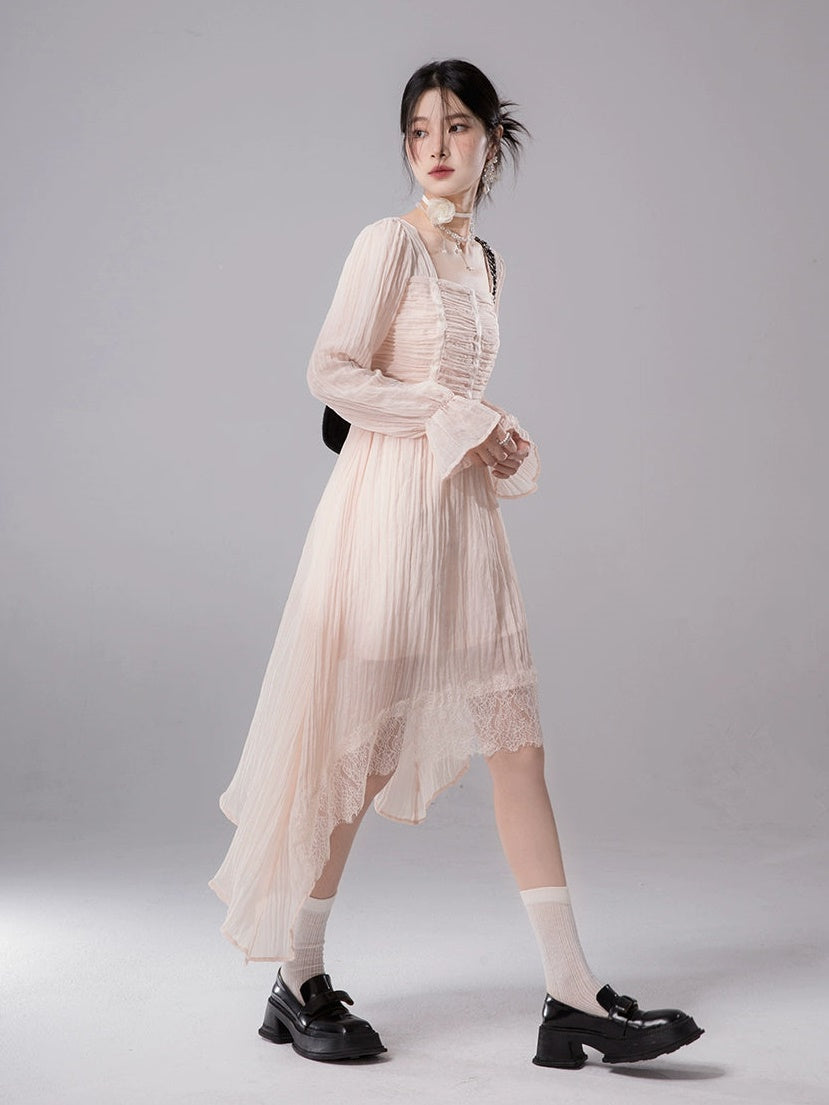 Pleats Irregular Hem Lace Long-sleeved Dress