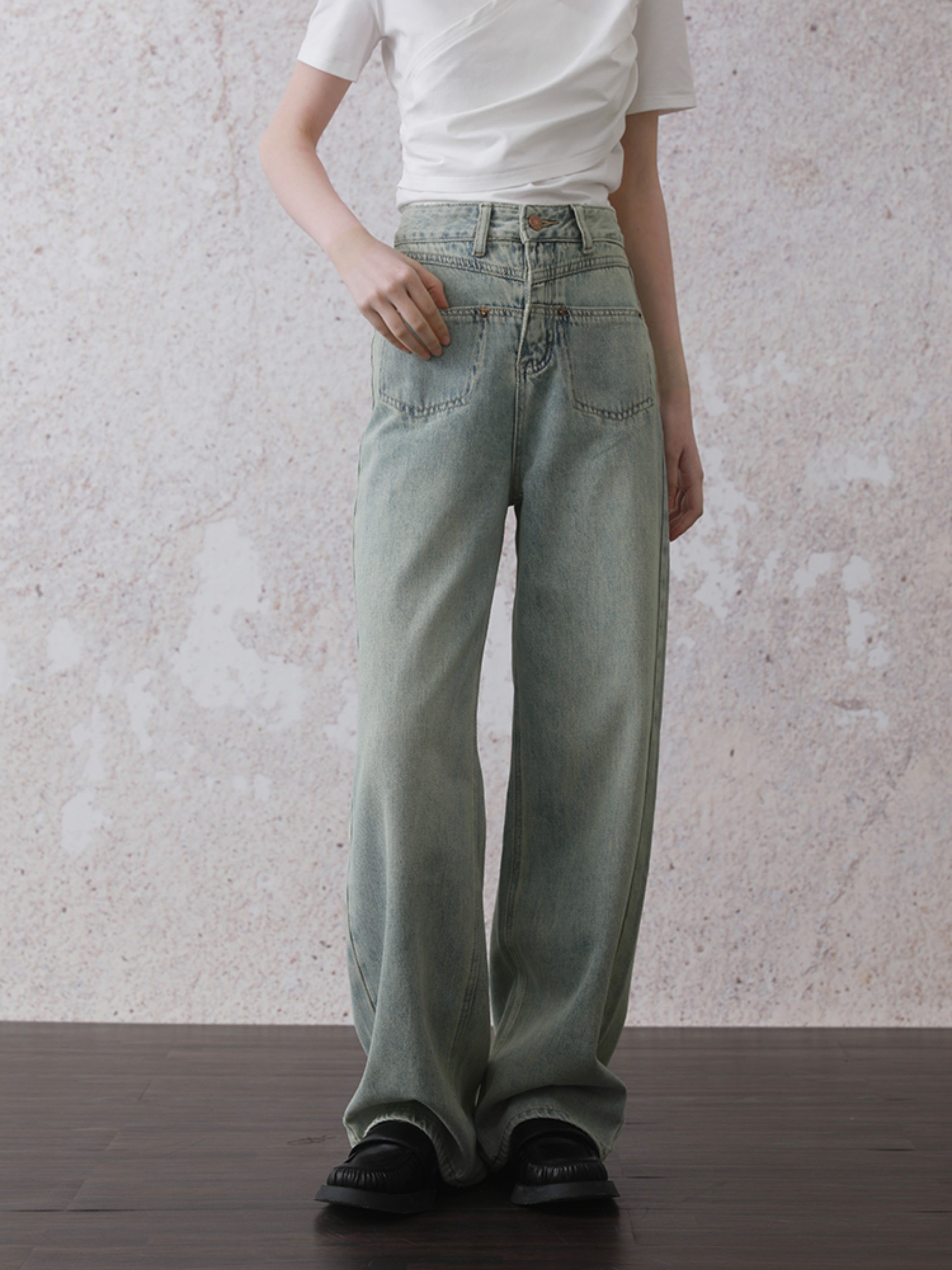 Retro Washed Distressed Wide-leg Front Pocket Jeans