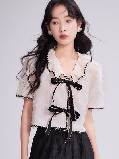 Jacquard Bow Tie Short-Sleeved Cardigan 상단