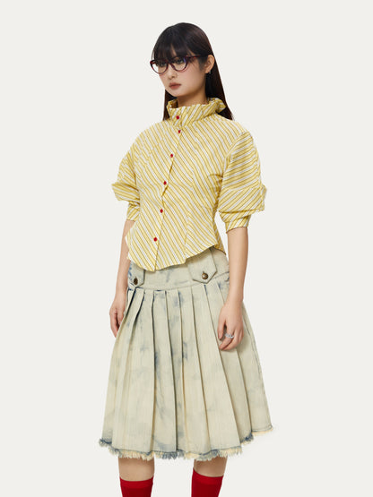 Washed Faded Heavy Duty Denim Pleated Skirt