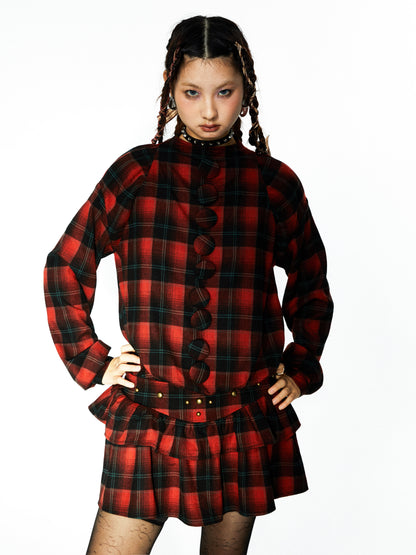 Plaid Big Button Low-Waist Switching Cake Dress