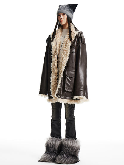 Curly Fur Splicing PU Leather Work Half Coat