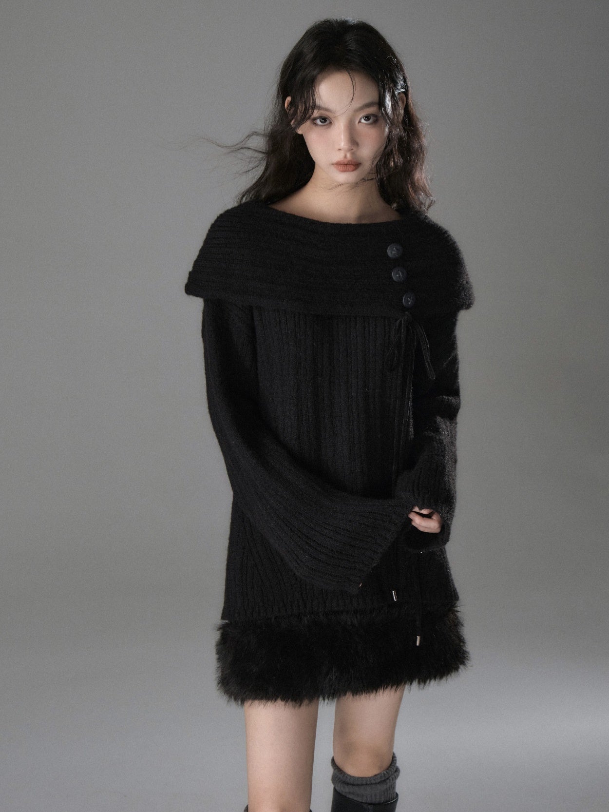 Button Accent One Shoulder Loose Knitted Sweater