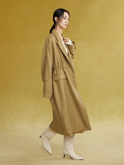 Drawstring Waist Frayed Long Coat