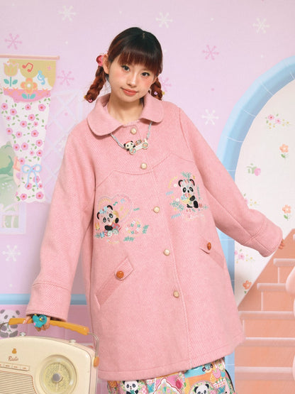 Panda Embroidered Doll Collar Mid-length Coat