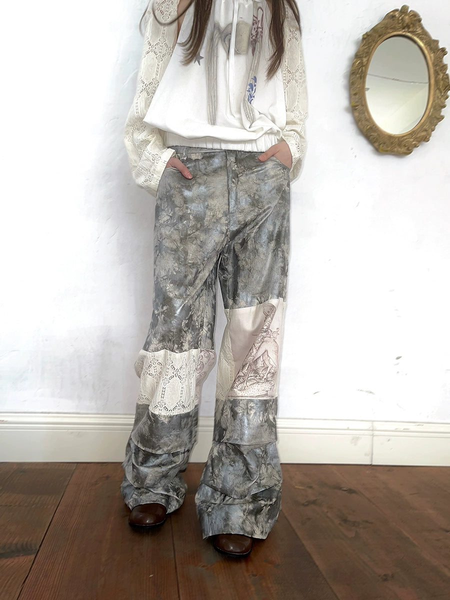 Tie-dye Printed Lace Splicing Pants