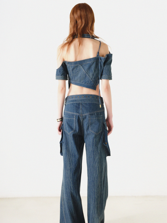 Denim-Asymmetrie-Halfter-Neck-Top-Top