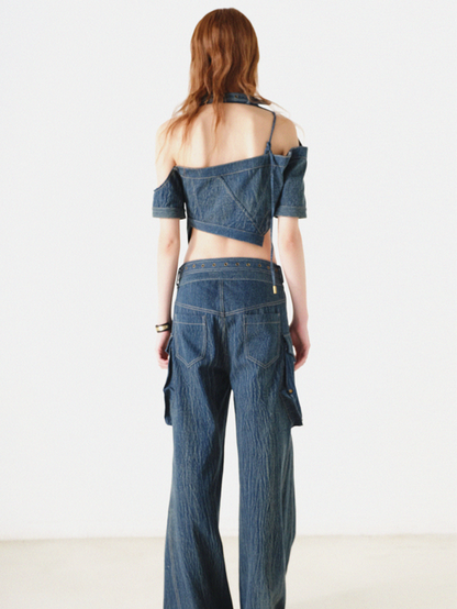 Denim Asymmetry Halter-neck Cropped Top