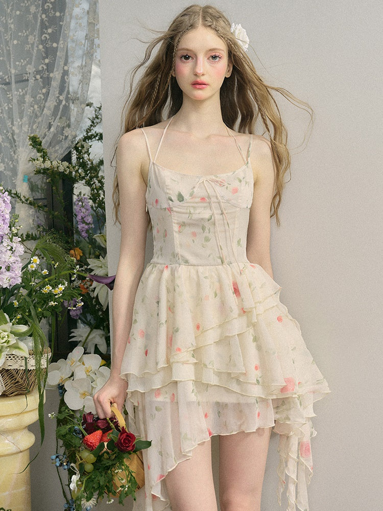 Rose Irregular Ruffle Suspender Dress