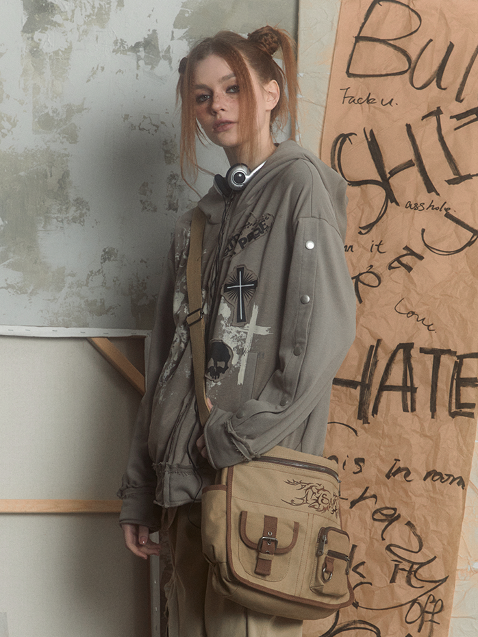 Print Collage Design Gray Loose Hooded Parka