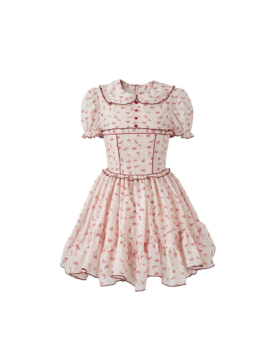 Ribbon Printed Doll Collar Dress