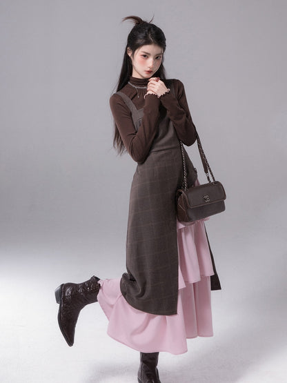 Contrast Color Suspender Dress &amp;  Neckline Shirting Bottom Shirt Set-up