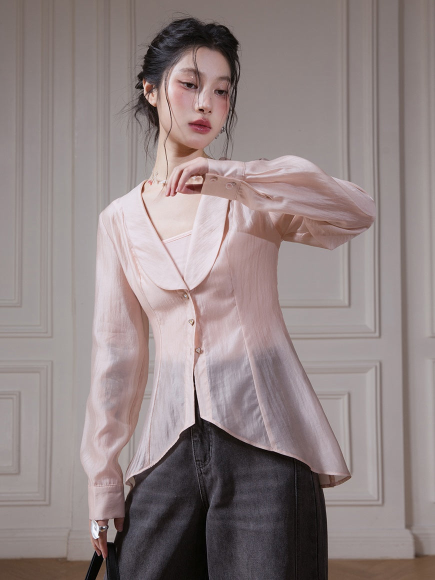 U-neck Shawl Collar Transparent Fishtail Shirt With Camisole