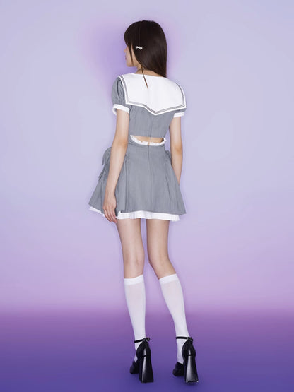 Sailor Collar Ribbon Waist One-piece