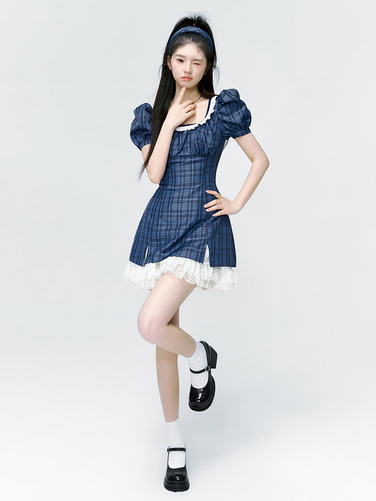 Puff-Sleeves Lace Girly Checked ONE-PIECE