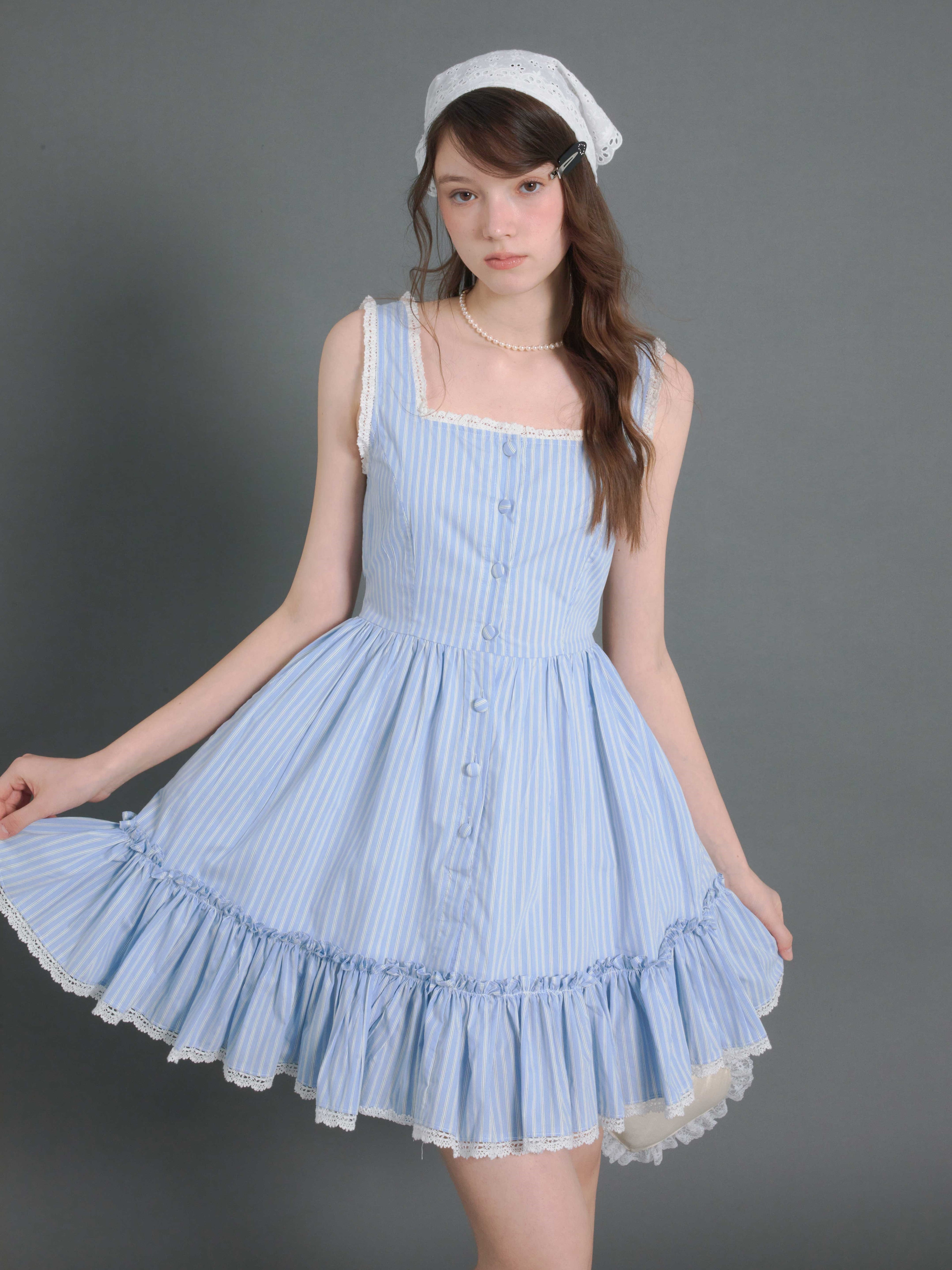 Stripe Sleeveless Gather Ruffle One-piece