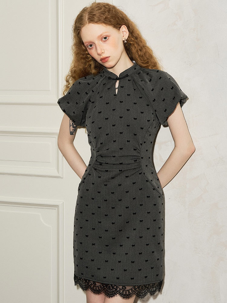 Chinese Style Bowknot Print Waist Dress