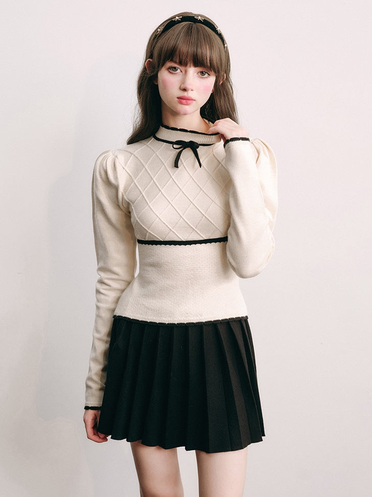 Bottle-neck Puff Sleeve Knitted Top