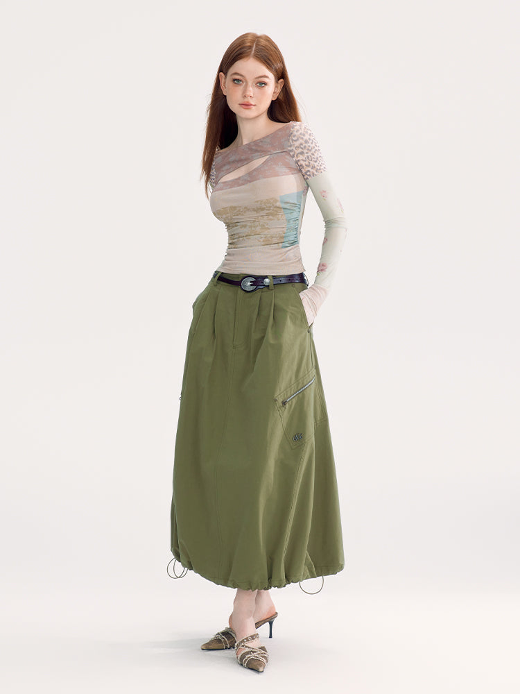 Drawstring Casual Flare Plain Long-Skirt