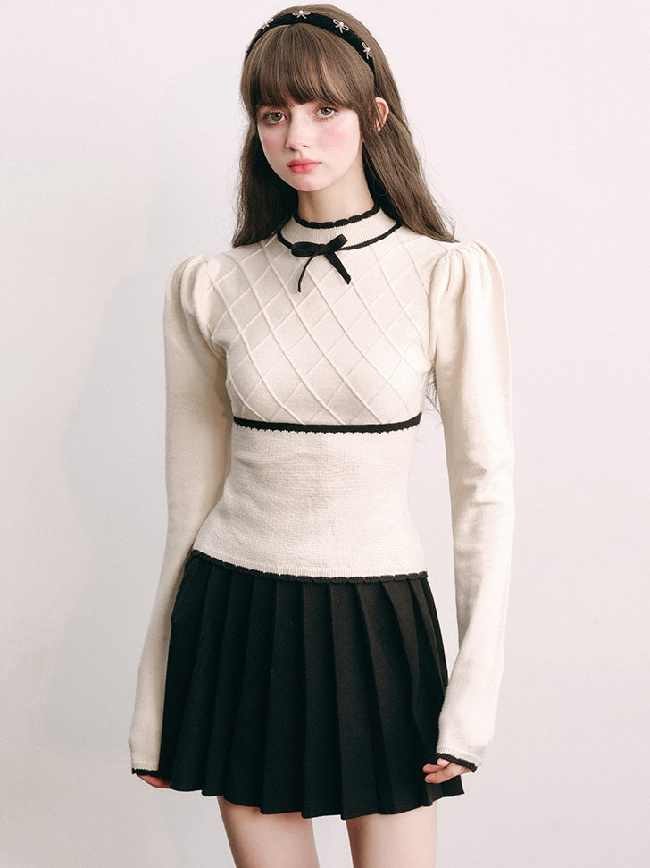 Bottle-neck Puff Sleeve Knitted Top