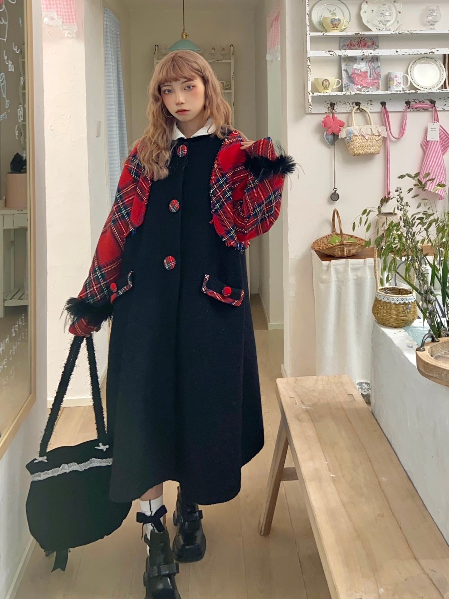 Retro Plaid Switching Long Coat