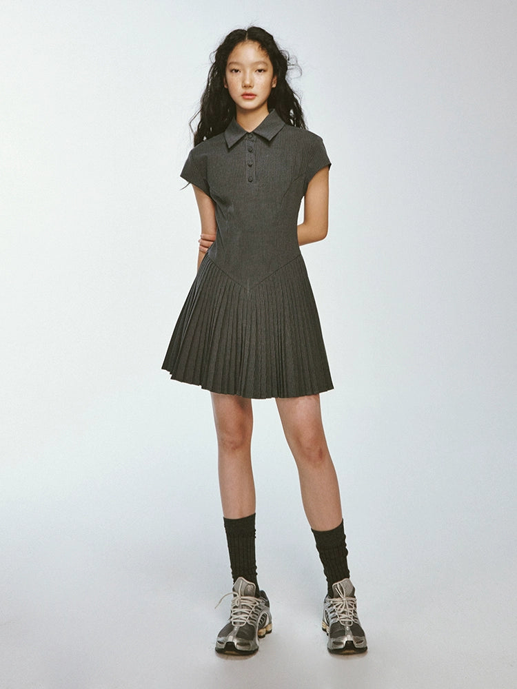 College Style Pleated Stitching Striped Polo Dress