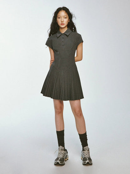 College Style Pleated Stitching Striped Polo Dress