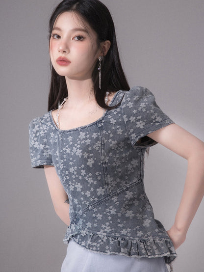 Midsummer Denim Jacquard Short-sleeved Top