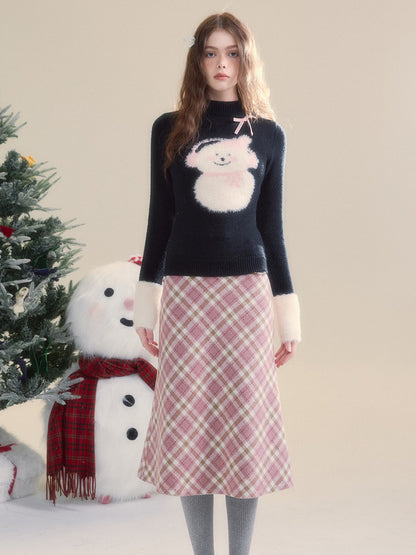 Snowman Splicing Fur Bottle-neck Slim Sweater