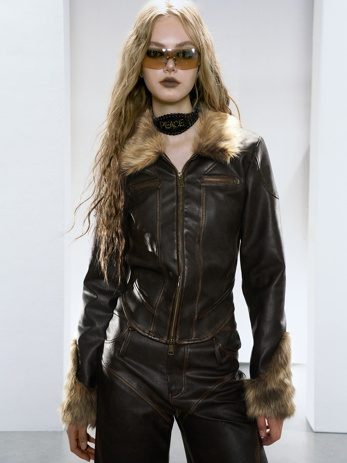 Fur Collar Quilted Leather Jacket