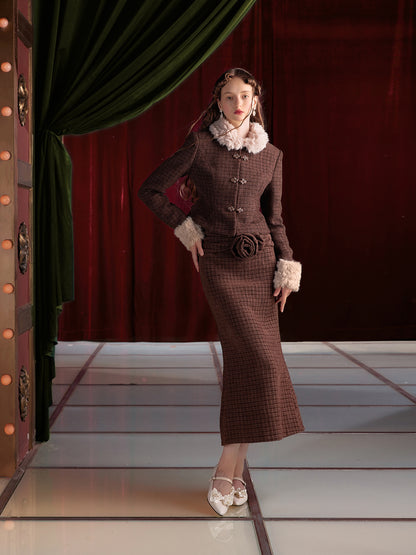 Tweed Style Fur Collar Jacket ＆ Mermaid Skirt