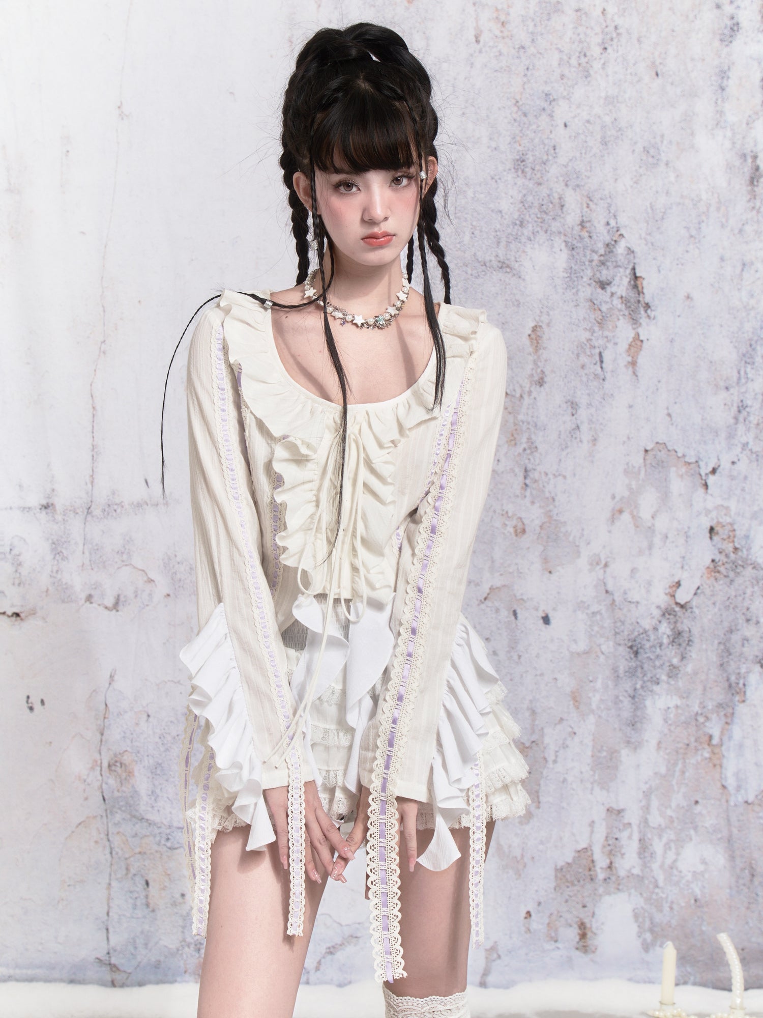 Ruffle Lace Strap Short Cardigan