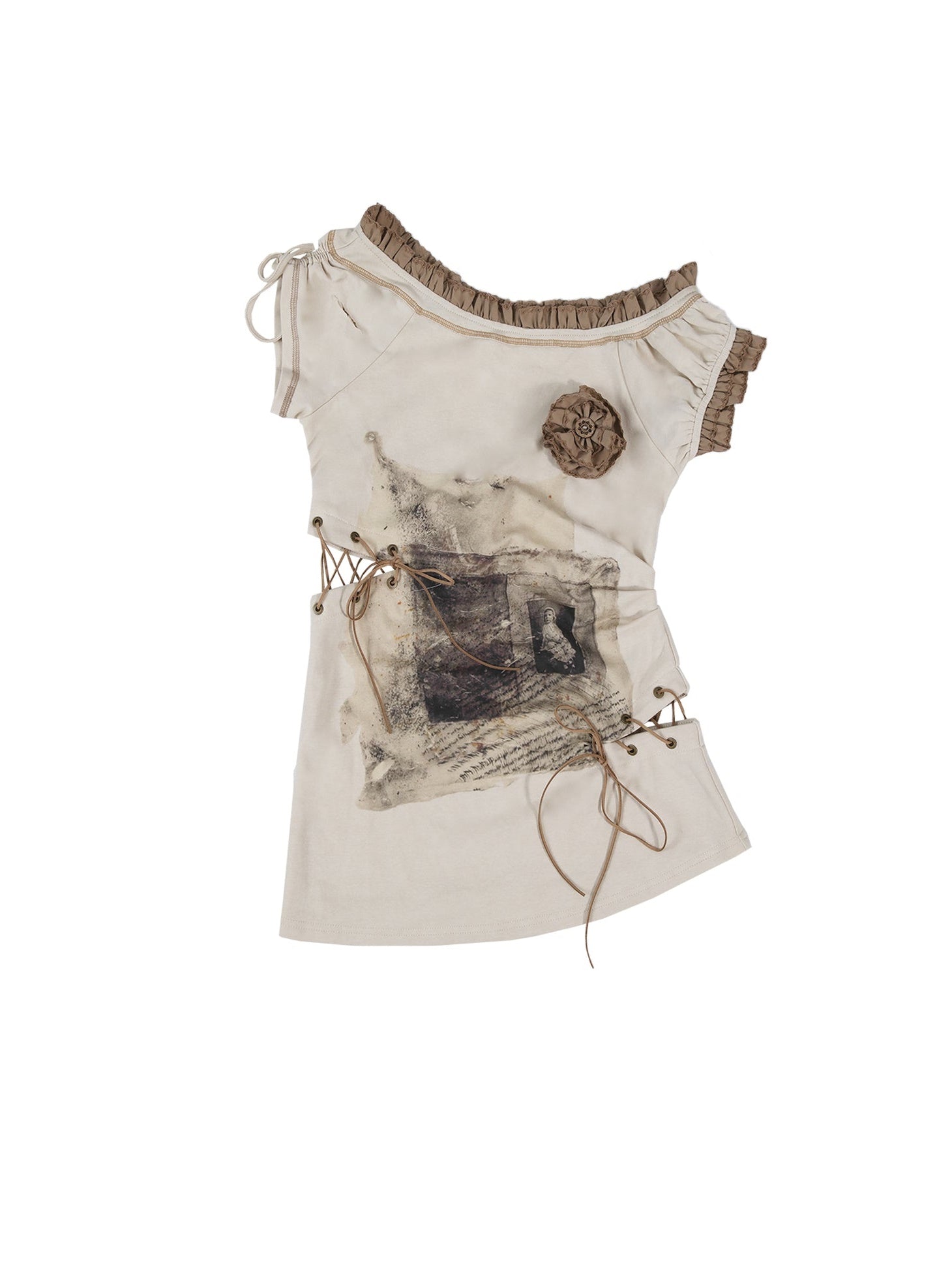 Strapless Hole Print Asymmetrical Short-sleeved T-shirt