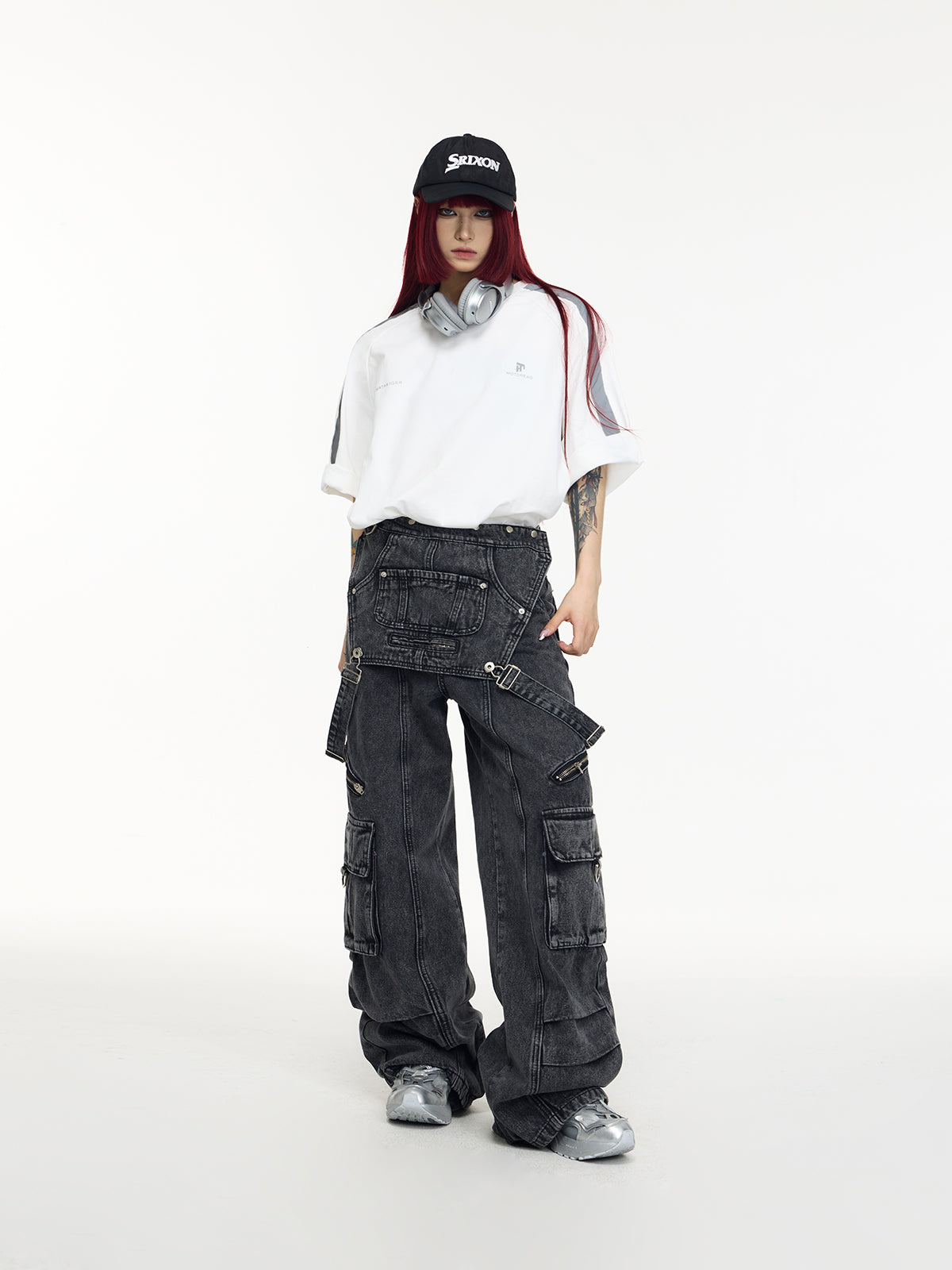 Retro Suspender Design Stitching Denim Pants