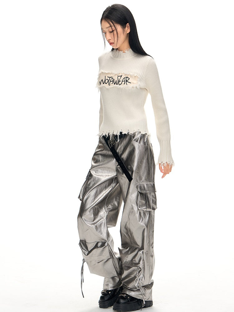 PU Leather Wide-leg Cargo Pants