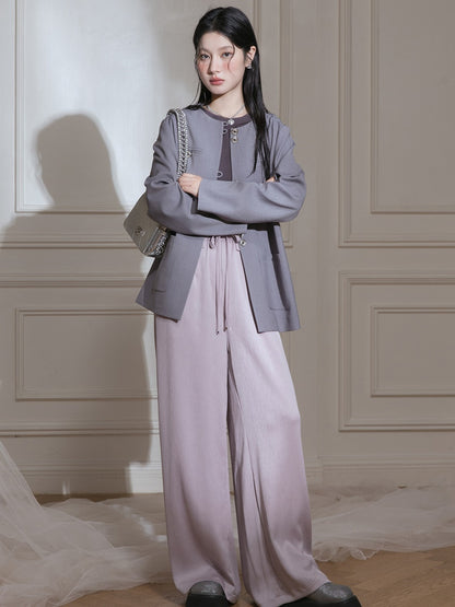 Chinese Style No-Collar Jacket ＆ Vest ＆ Pleated Skirt Set-up