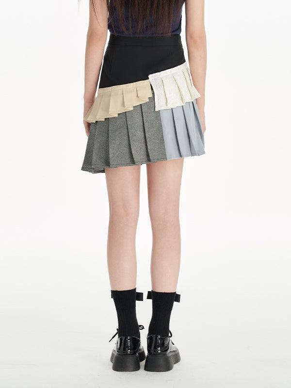 Irregular Contrast Color Pleated Skirt