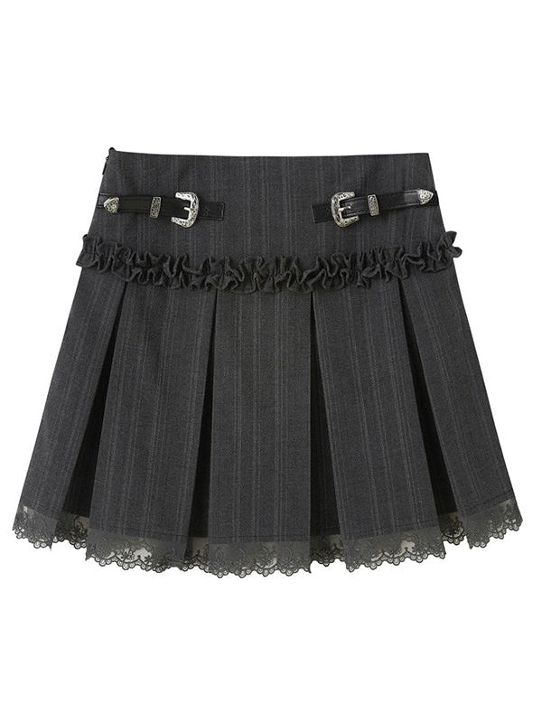 Belt Design Lace Pleated Skirt