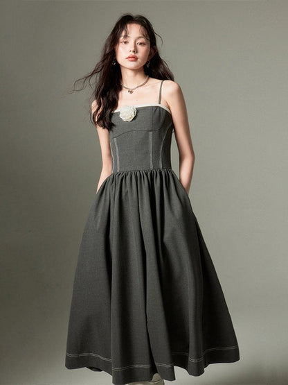 Three-dimensional Rose Brooch Sling Dress