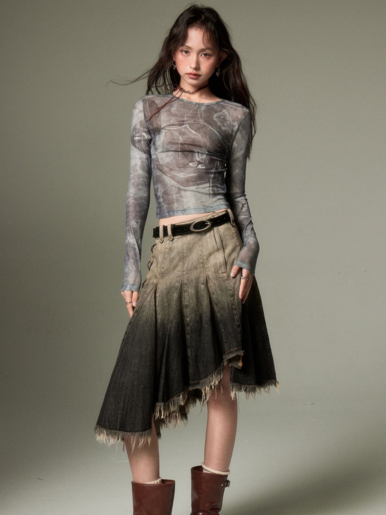 Gradient Bandage Irregular Hem Denim Skirt